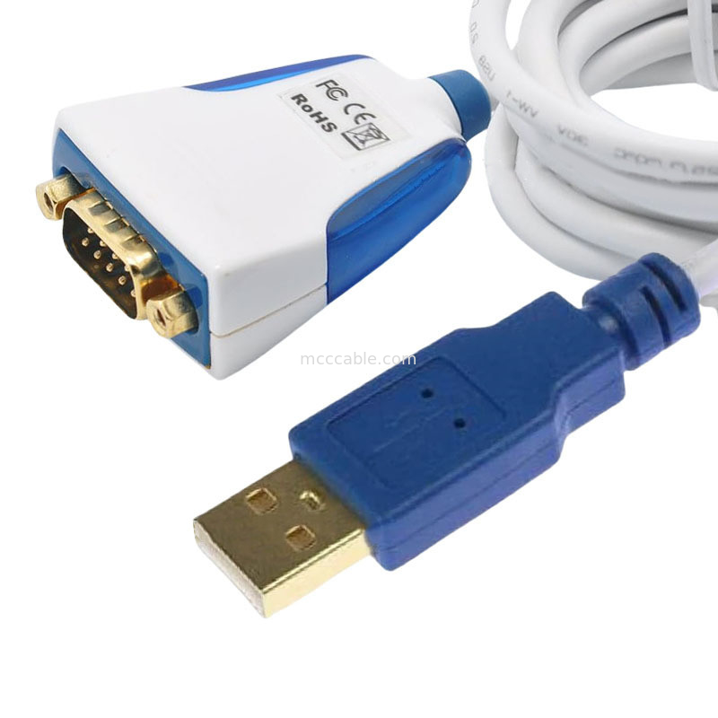 USB-A naar RS232 seriële kabel met ingebedde elektronica en industriële DB9M-connectoren